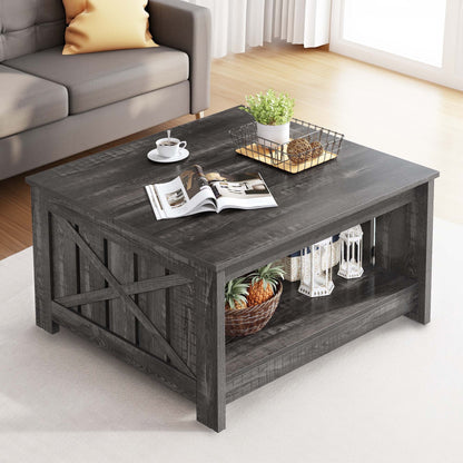 Coffee Table, Square Coffee Table, Farmhouse Coffee Table with Half Open Storage Compartment for Living Room, Gray Wash