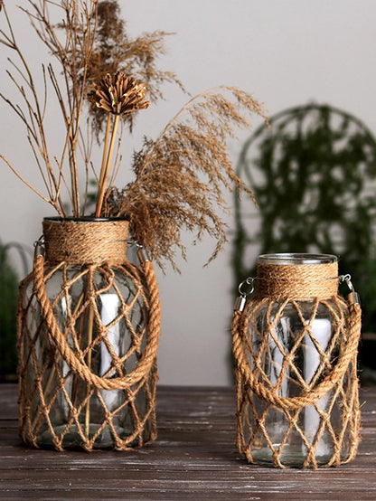 Rustic Hanging Glass Vase Rope Net Dry Flower Glass Vase with Art Hemp Rope Home Transparent Living Room Decor Table Decoration