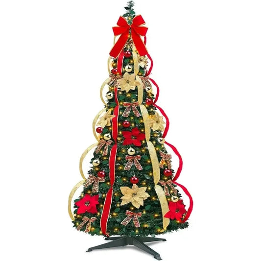 6.5 Ft Prelit Full Christmas Tree Decor Pop up Xmas Tree 250 Warm Lights,36 Ornaments,Red&Gold Ribbon,18 Flowers,26 Bows,Ul