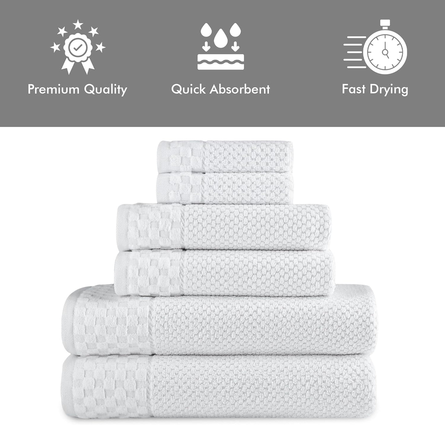 - Soft Textured and Quick Dry - 6 Piece Luxury White Towels for Bathroom - 100% Turkish Cotton - 2 Bath Towels, 2 Washcloths and 2 Hand Towels Set