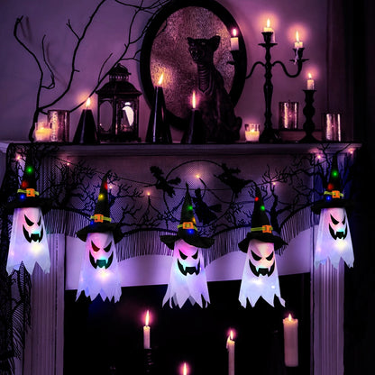 Halloween Decorations Hanging Outdoor String Lights Glowing Ghost Witch Hat Indoor Ornaments Halloween Lights for Home Tree Garden Yard (5 Pcs)