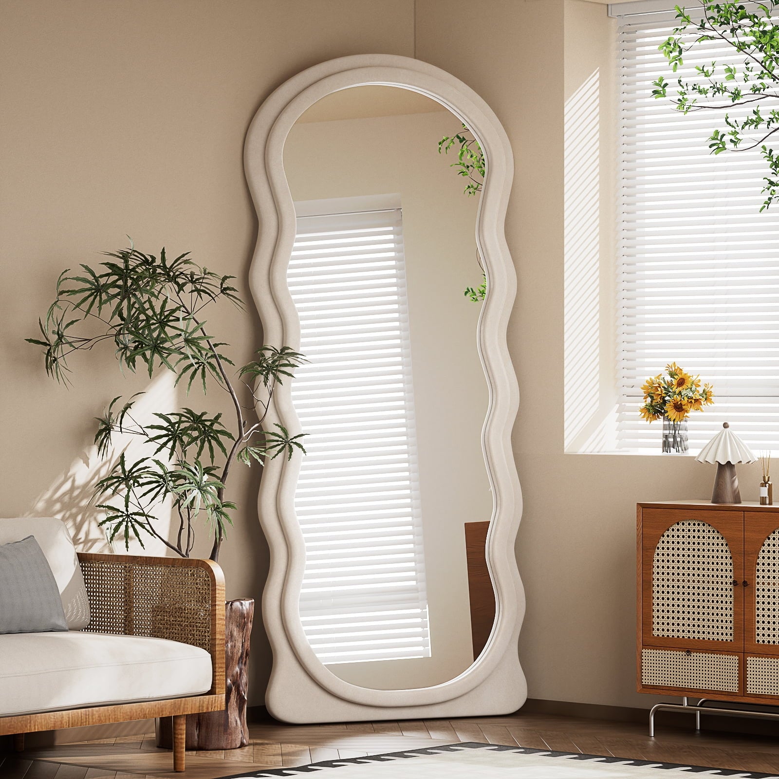 71"X30" Irregular Wavy Mirror Full Length Mirror with Flannel Frame, White