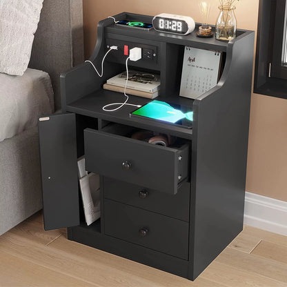 Nightstand with Charging Station USB Port, Bedside Table with Hutch and 3 Drawers, Black