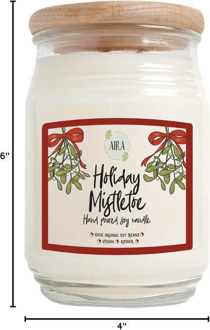 Holiday Soy Candles - Organic, Kosher, Vegan, in Farmhouse Jar W/Essential Oil Blends - Hand-Poured 100% Soy Candle Wax - Paraffin Free, 150+ Hours - Holiday Mistletoe Christmas Candle -20 Ounce