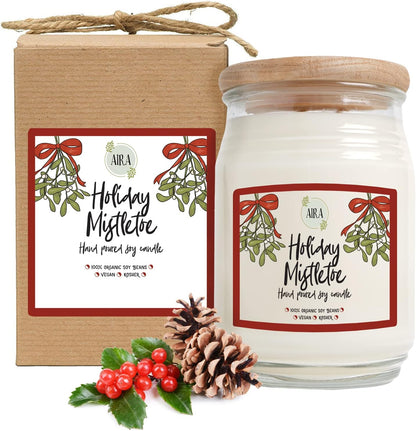 Holiday Soy Candles - Organic, Kosher, Vegan, in Farmhouse Jar W/Essential Oil Blends - Hand-Poured 100% Soy Candle Wax - Paraffin Free, 150+ Hours - Holiday Mistletoe Christmas Candle -20 Ounce