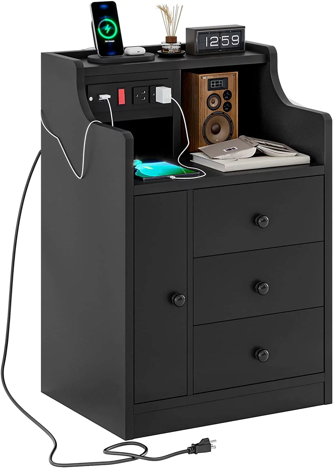 Nightstand with Charging Station USB Port, Bedside Table with Hutch and 3 Drawers, Black