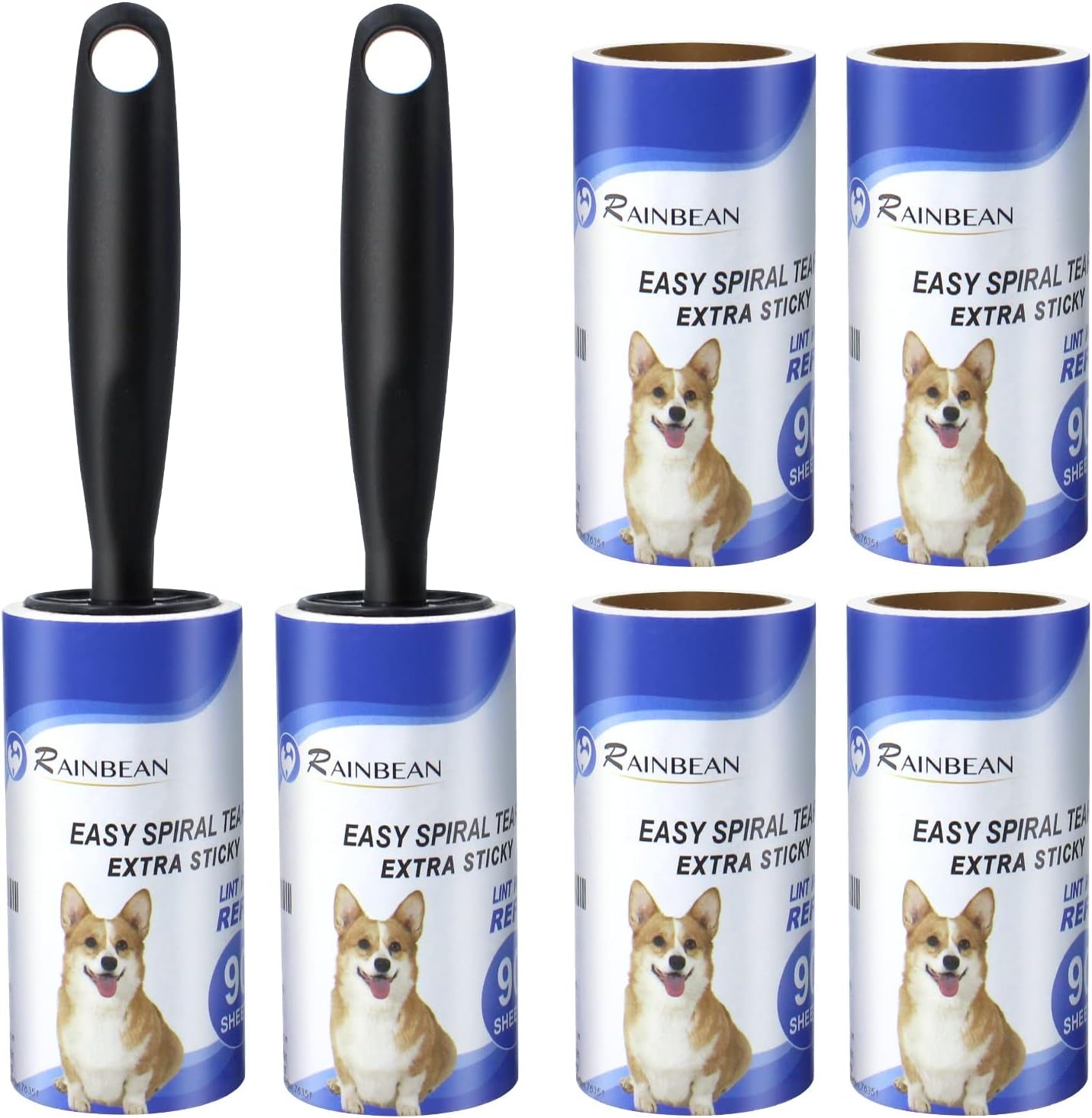 RAINBEAN Lint Rollers for Pet Hair Extra Sticky, 540 Sheets 6 Refills Lint Roller with 2 Upgrade Handles, Portable Lint Remover Brush Pet Hair Remover for Dog Cat Hair Removal, Clothes, Furniture