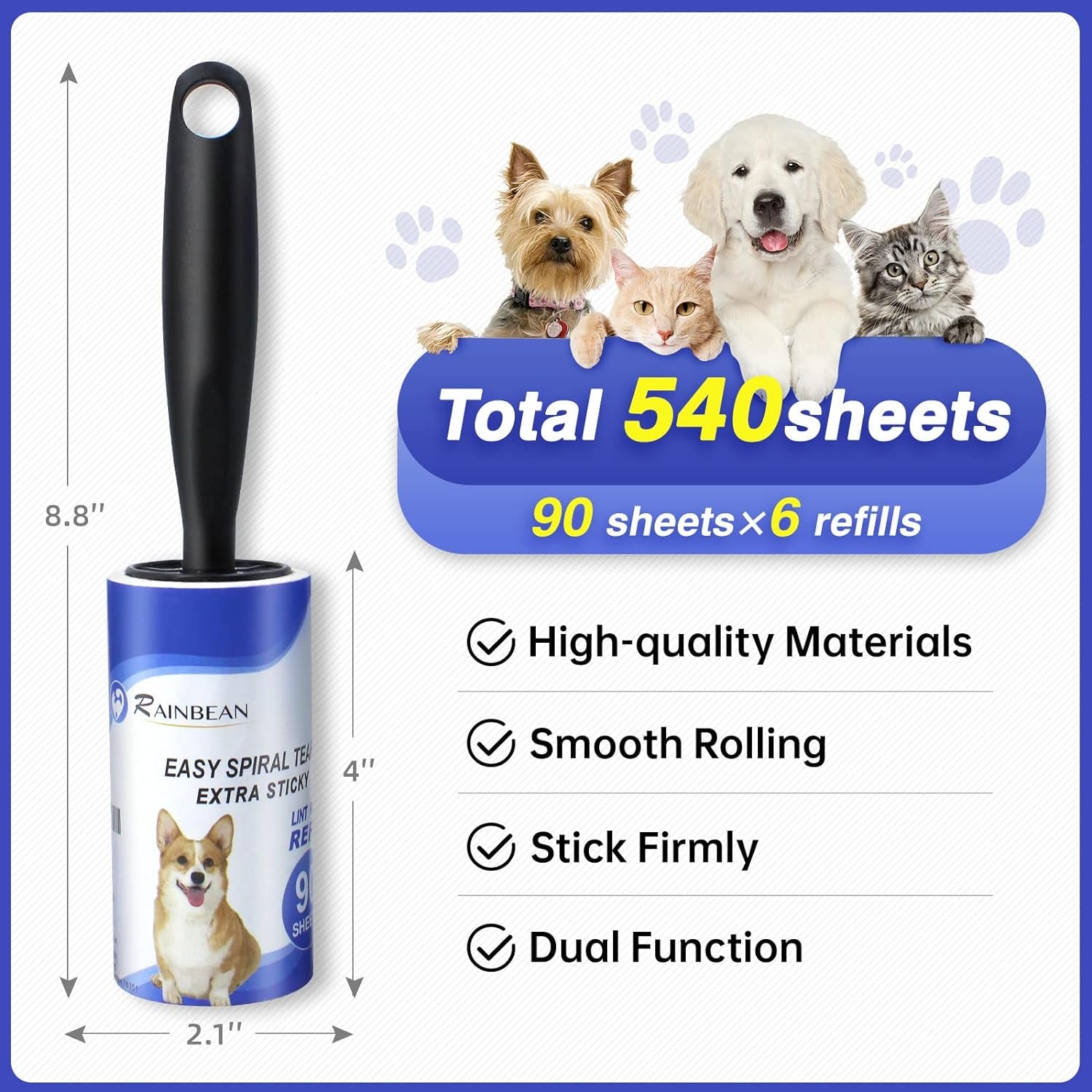 RAINBEAN Lint Rollers for Pet Hair Extra Sticky, 540 Sheets 6 Refills Lint Roller with 2 Upgrade Handles, Portable Lint Remover Brush Pet Hair Remover for Dog Cat Hair Removal, Clothes, Furniture