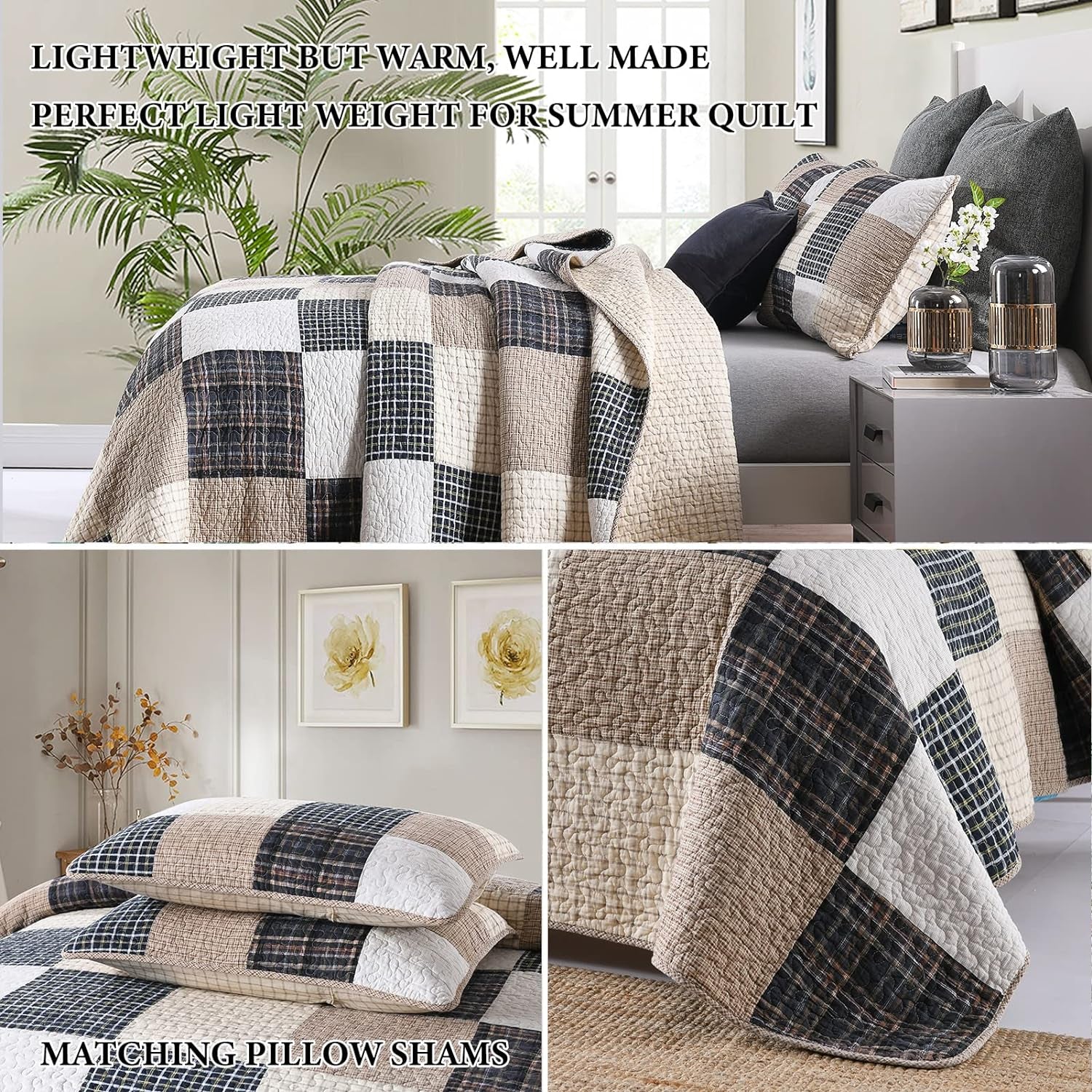 Quilt 100% Cotton King Size Quilt Set, Brown Khaki Black White Patchwork Plaid Bedspread, Lightweight Reversible Soft Summer Quilt Bedding Set, 3-Pieces