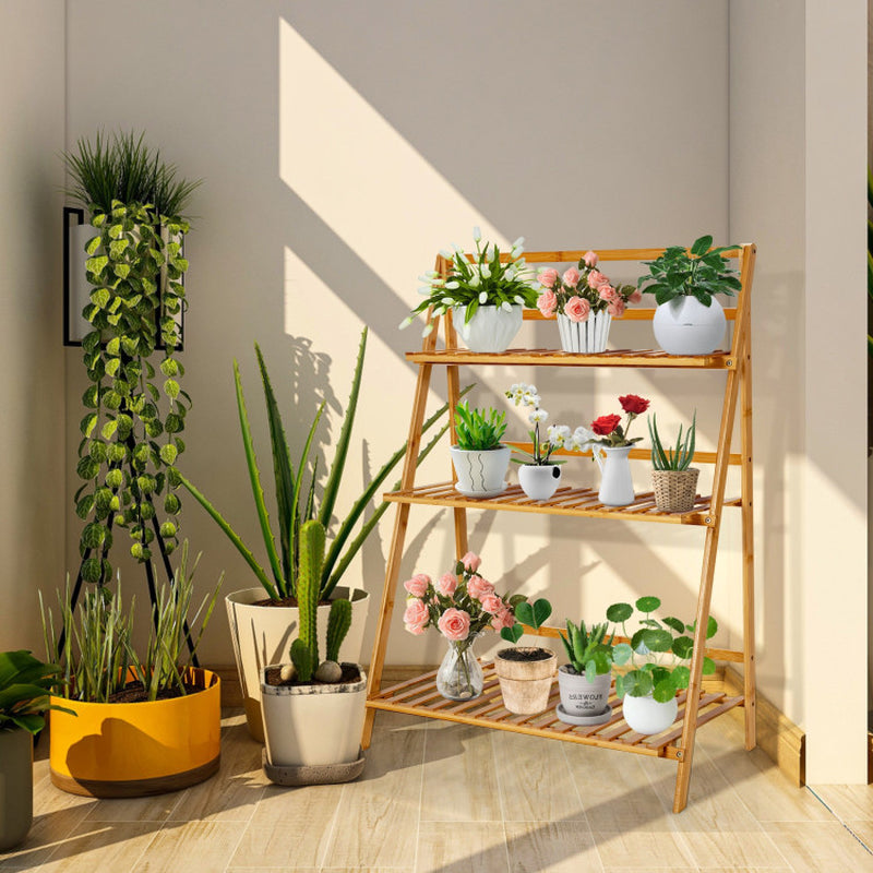 3-Tier Bamboo Plant Stand Foldable Display Shelf for Balcony