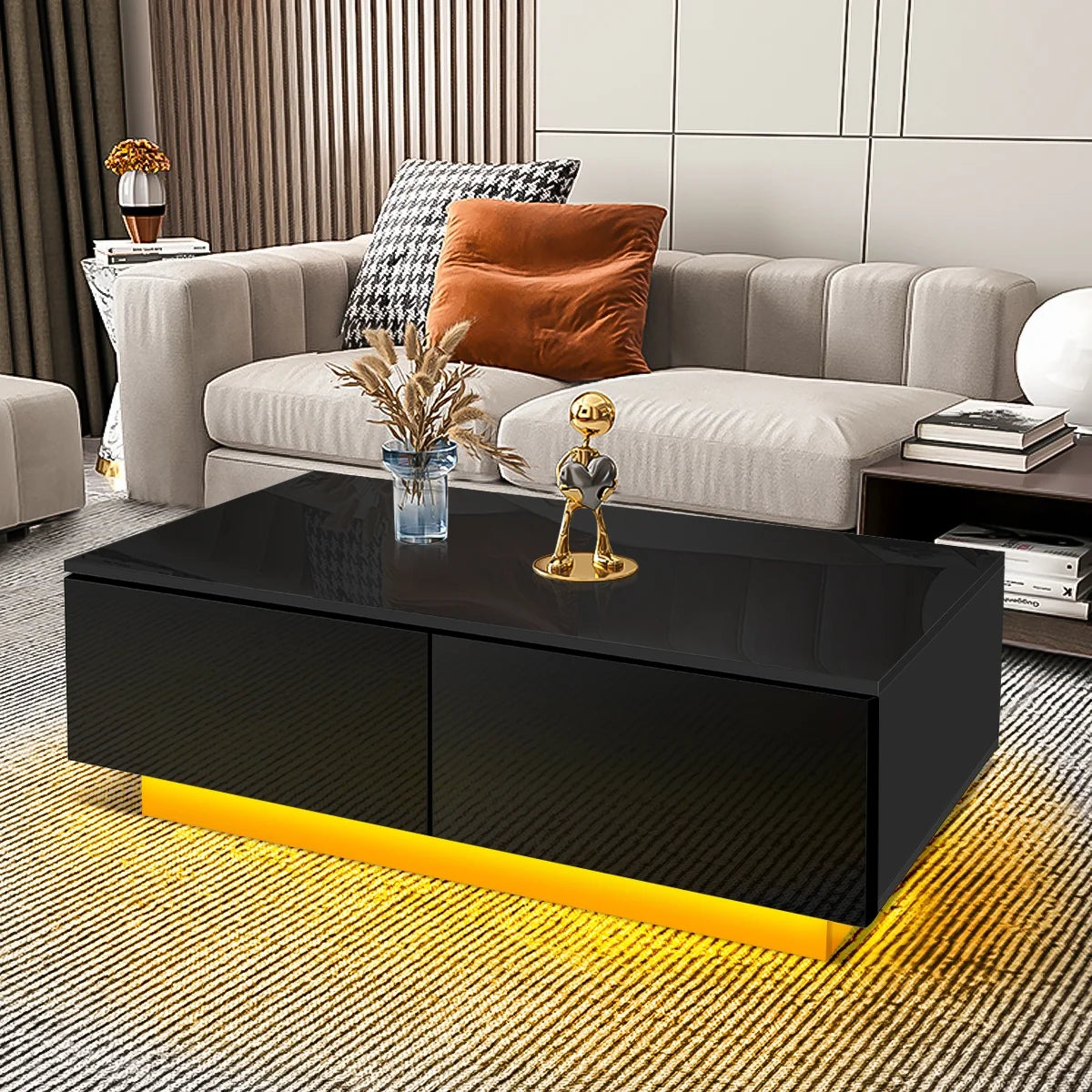 Coffee Table with 4 Drawers LED Center Table Sofa Side Tea Tables Black High Gloss Finish