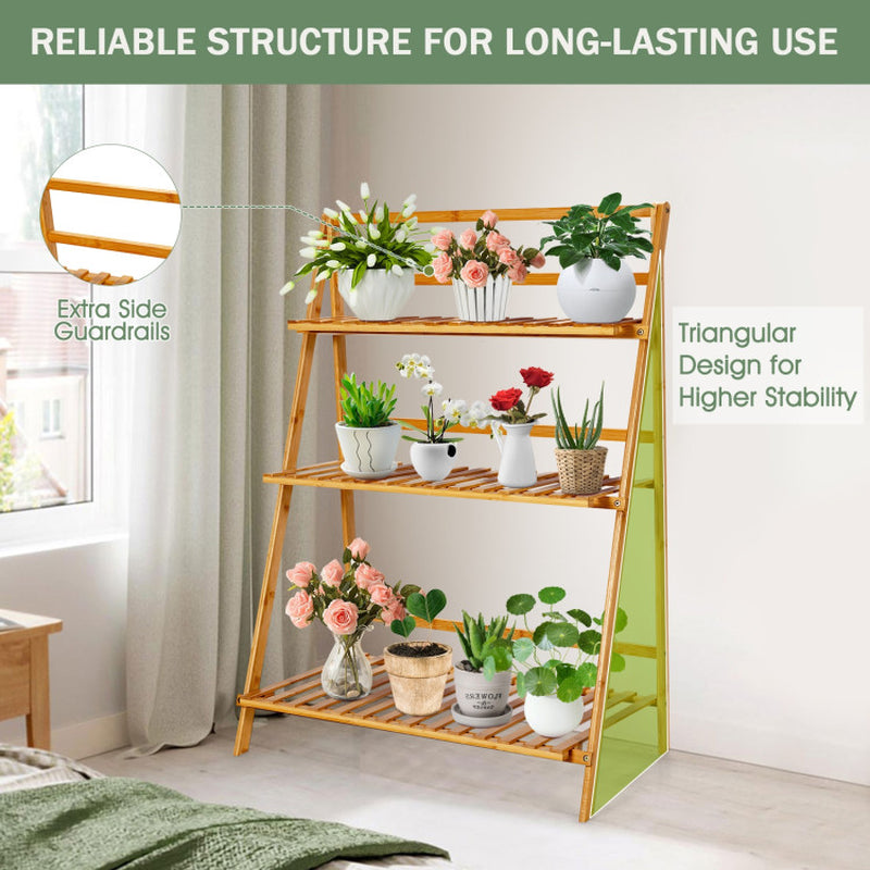 3-Tier Bamboo Plant Stand Foldable Display Shelf for Balcony