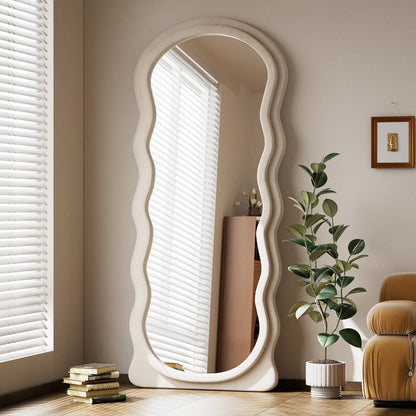 71"X30" Irregular Wavy Mirror Full Length Mirror with Flannel Frame, White