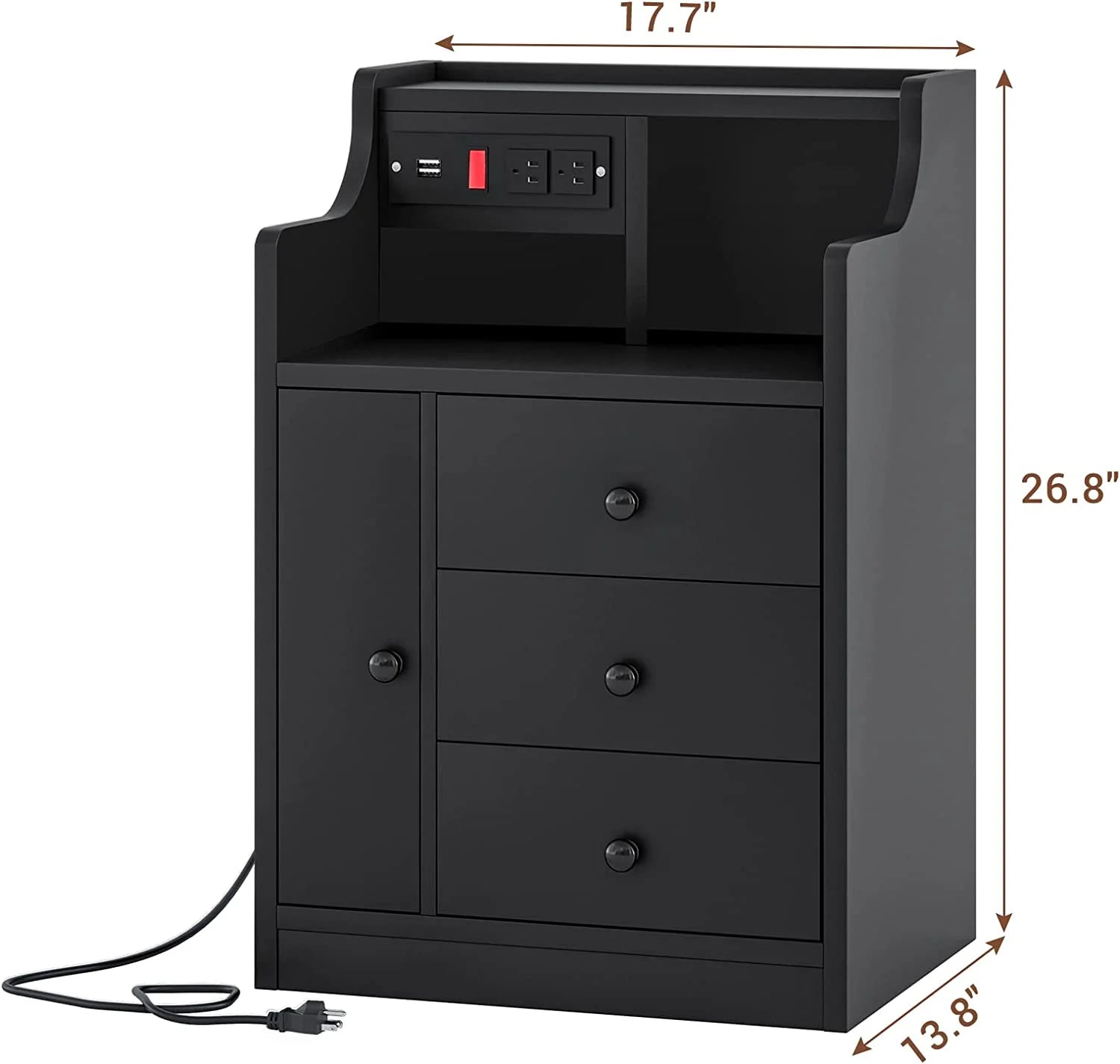 Nightstand with Charging Station USB Port, Bedside Table with Hutch and 3 Drawers, Black