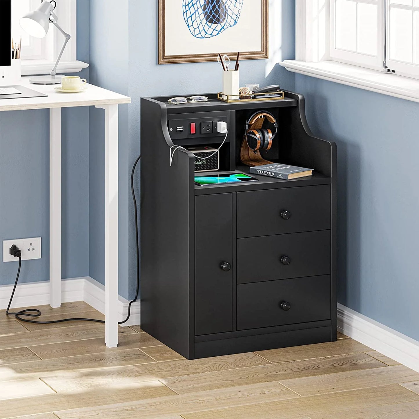 Nightstand with Charging Station USB Port, Bedside Table with Hutch and 3 Drawers, Black