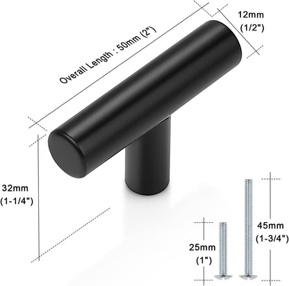 10 Pack| 2 Inch Flat Black Kitchen Cabinet T Bar Knobs Single Hole Modern Bedroom Dresser Pull Kitchen Cabinet Handles