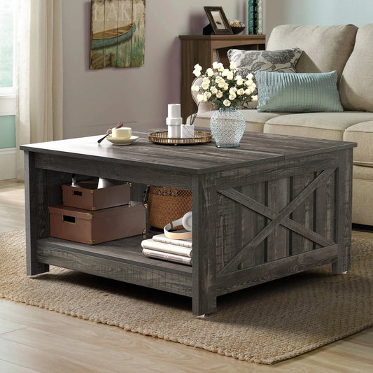 Coffee Table, Square Coffee Table, Farmhouse Coffee Table with Half Open Storage Compartment for Living Room, Gray Wash