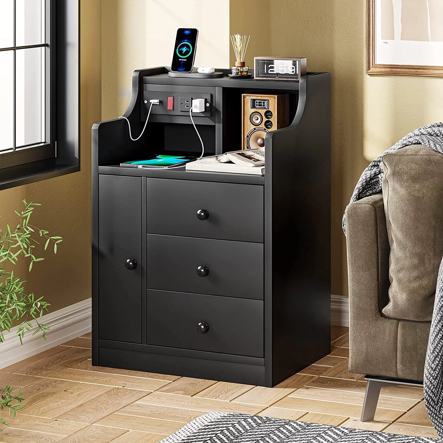 Nightstand with Charging Station USB Port, Bedside Table with Hutch and 3 Drawers, Black