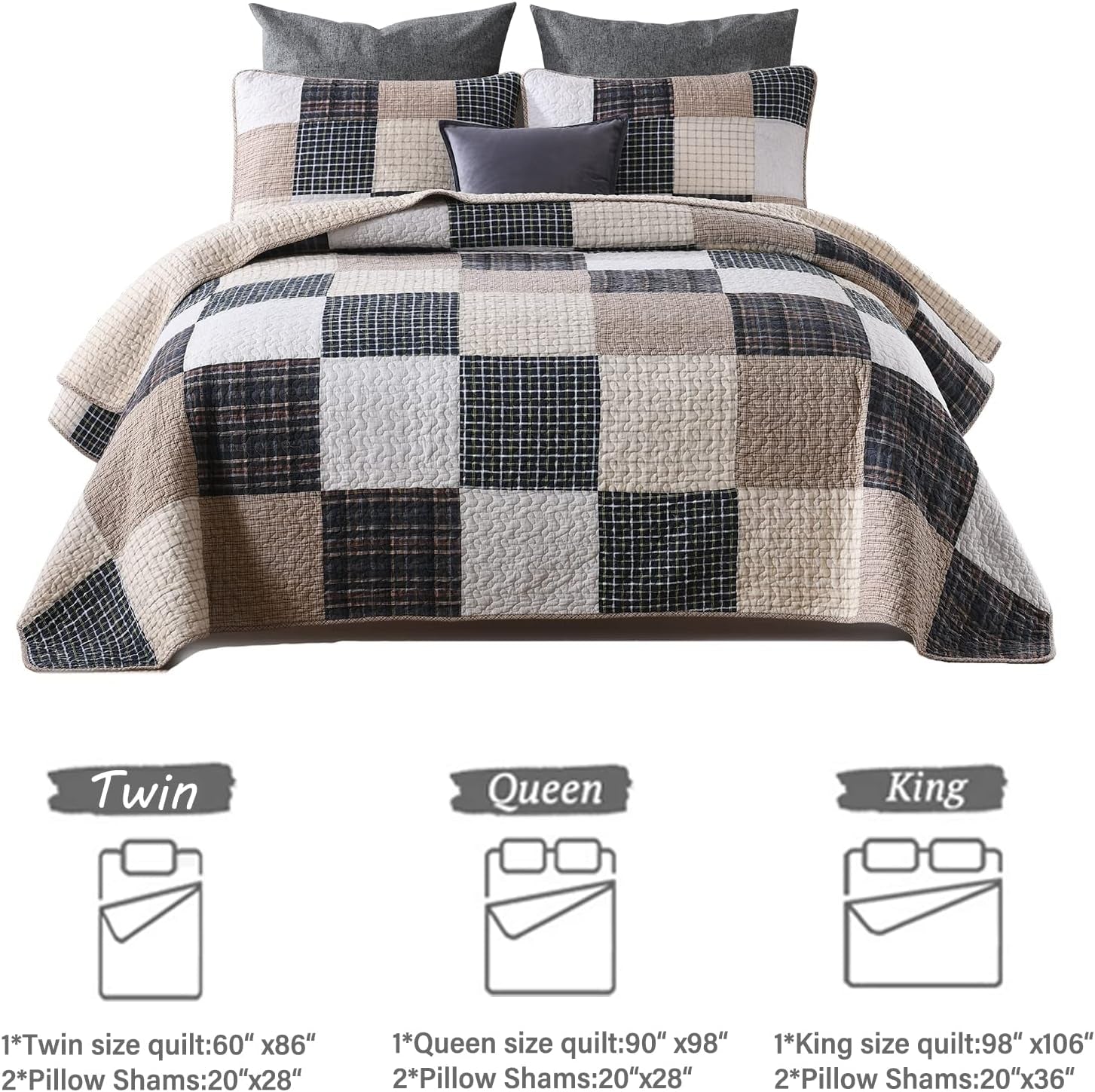 Quilt 100% Cotton King Size Quilt Set, Brown Khaki Black White Patchwork Plaid Bedspread, Lightweight Reversible Soft Summer Quilt Bedding Set, 3-Pieces